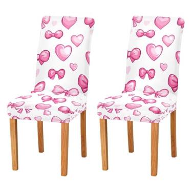 Imagem de SEHANY Conjunto de 2 capas de cadeira com laço de bolinhas rosa para sala de jantar, elástico, removível e lavável, para cozinha, hotel, festa, Natal