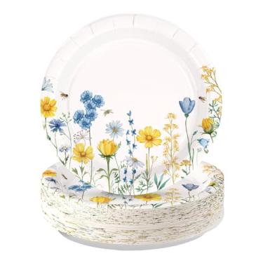 Imagem de Greencian 50 peças de pratos de papel de flores silvestres 22,5 cm descartáveis azuis e amarelos, conjuntos de utensílios de mesa florais em aquarela para primavera, verão, aniversário, chá de bebê