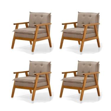 Imagem de Kit 4 Poltronas Sala de Estar Base em Madeira Maciça Linho Bege Veneza