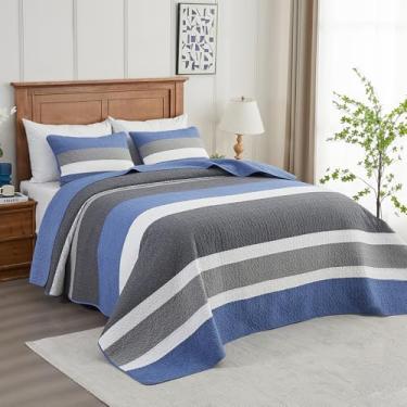 Imagem de DUOHONG Colcha grande de 304,8 cm x 304,8 cm - 100% algodão, colcha extragrande California King, estampa listrada Cal King GG, edredom leve, 3 peças, azul/cinza