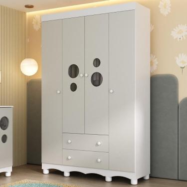 Imagem de Guarda-roupa Infantil 122cm Com Vidro 4 Portas E 2 Gavetas Suspiro Multimóveis MP4458 Branco-off White