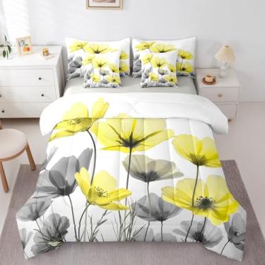 Imagem de Erosebridal Jogo de cama de casal floral boêmio amarelo e cinza, 7 peças, para crianças, meninas, mulheres, flores silvestres, conjunto de cama com elástico + lençol de cima