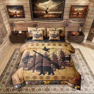 Imagem de Erosebridal Conjunto de edredom marrom camuflado preto caça pato-real tamanho queen 7 peças | Urso floresta rústica cama em uma bolsa pike peixe fazenda conjunto de cama adultos homens mulheres