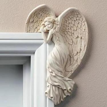Imagem de Escultura de decoração de moldura de porta de anjo, anjo de canto para asas, decoração de parede, estatuetas 3D, escultura de parede para casa
