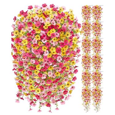 Imagem de Serwalin 12 peças de flores artificiais de outono para decoração ao ar livre, flores artificiais de seda realista para pendurar no pátio, jardim, varanda, janela, exterior (amarelo, rosa choque e rosa