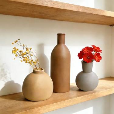 Imagem de Conjunto de 3 vasos de cerâmica pequenos modernos minimalistas para decoração de casa - vasos de flores estéticos Boho para mesa, prateleira e mesa, manto, estante de livros (bonito e versátil