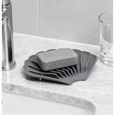 Imagem de Saboneteira de silicone em forma de concha autodrenante antiderrapante sem perfuração balcão de banheiro saboneteira (cinza)