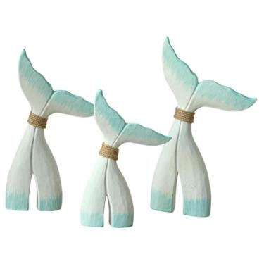 Imagem de Generic Conjunto de 3 Estatuetas de Cauda de Baleia em Madeira para Decoração de Casa, Enfeite de Mesa, Centro de Mesa, Quarto e Sala de Estar, Branco Azul