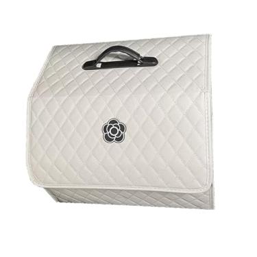 Imagem de Keenso Caixa de Armazenamento, Organizador de Armazenamento de Porta-malas de Carro Com Tampa, Caixa de Couro PU de Grande Capacidade Com Alças, Padrão Elegante de Camélia (Branco – Grande)