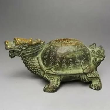 Imagem de FENNYYAR Estátua de animal de tartaruga dragão Feng Shui de bronze, 13 cm, decoração de decoração de mesa de estudo de sala