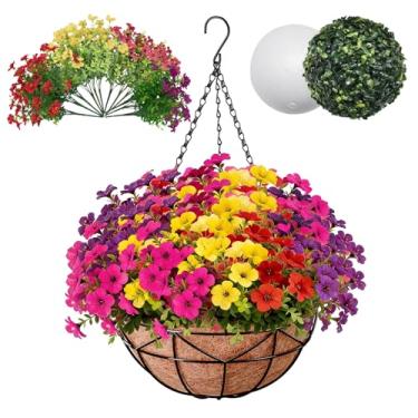 Imagem de Halatool Flores artificiais para pendurar ao ar livre, plantador suspenso de 30,5 cm com 12 peças de flores sintéticas coloridas para decoração de casa de verão, varanda, pátio, varanda e quintal