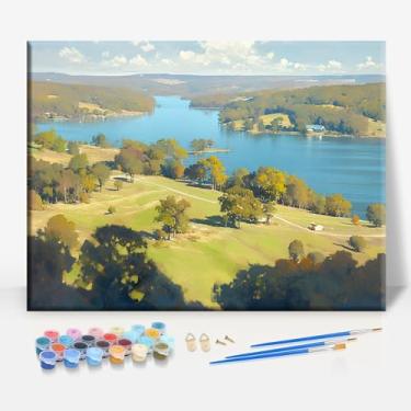 Imagem de HUINORYA Logan Martin Lake Alabama Tela Emoldurada DIY Kit de Pintura por Números Bar Café Caverna Casa Parede Banheiro Varanda Pátio Decoração Presente, 40,6 x 30,5 cm