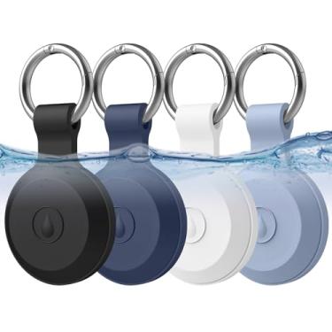 Imagem de Pacote com 4 capas compatíveis com suporte AirTag com chaveiro, capa de silicone para rastreador GPS Air Tag, acessórios para animais de estimação, crianças, bolsas, bagagens (preto + branco + azul