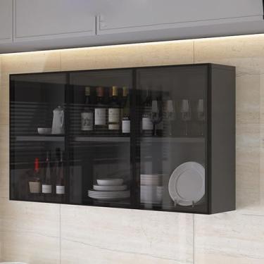 Imagem de Armário de exibição de vidro para banheiro montado na parede, armário de armazenamento de cozinha estreito em marrom/cinza, decoração de sala de estar com alça oculta, organizador sobre o vaso