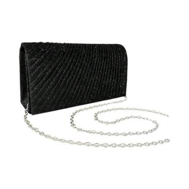 Imagem de Bolsa De Noite Mini Longa Prateada Plissada Dobrável Com Glitter Brilh