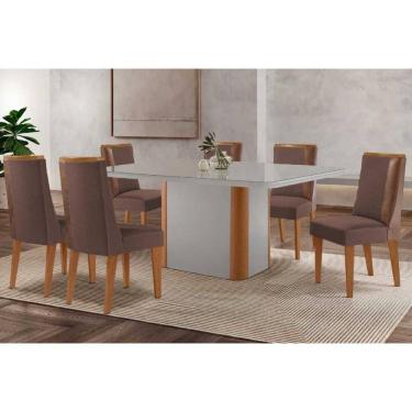 Imagem de Conjunto Mesa Pietá c/ Tampo Madeirado c/ Vidro Canto Curvo 180x90cm e 6 Cadeiras Tilia Madeira Maciça Naturale/Off White - Capuccino/Suede Marrom-Ruf