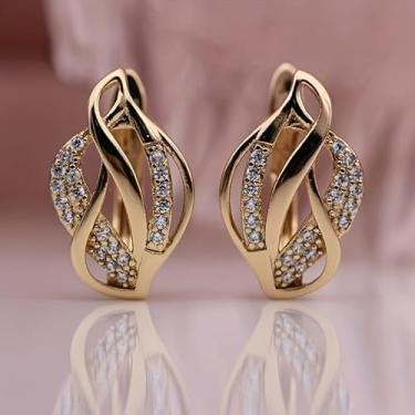 Imagem de Brincos de argola modernos requintados geométricos entrelaçados de zircônia para mulheres, joias de banquete de casamento, One size, Cobre, Zircônia cúbica