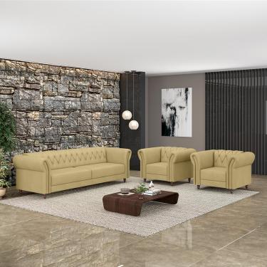 Imagem de Conjunto Sala de Estar 1 Sofá Living 220cm e 2 Poltronas Stanford Chesterfield Pés Madeira Couro Bege G58 - Gran Belo