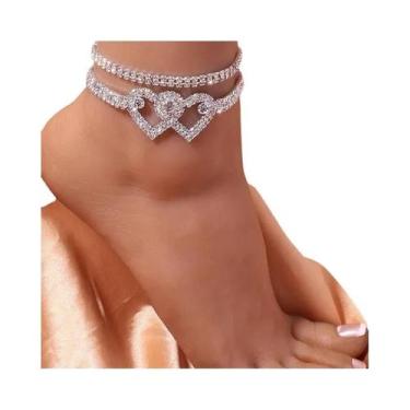 Imagem de Pulseira De Tornozelo Feminina Com Coração Duplo De Cristal Brilhante 