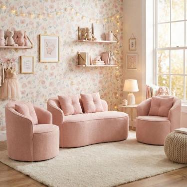 Imagem de Kit de 01 Sofá Orgânico Curvo Feijão + 02 Poltronas Confortável Sala Estúdio Amore Bouclê Rosê - Montanari`s Decor