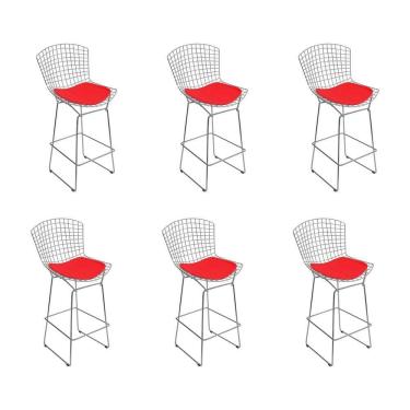Imagem de Kit 6 Banquetas Bistrô Bertoia Cromada D60 Com Assento Sintético Vermelho