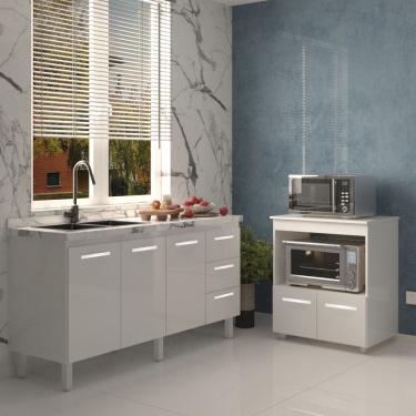 Imagem de Balcão Cozinha Armário Gabinete de Pia 160 cm Estela e Balcão para Forno Elétrico e Microondas Amanda Branco