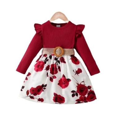 Imagem de Vestido De Saia Floral Vermelha De Manga Longa Para Meninas, Ideal Par