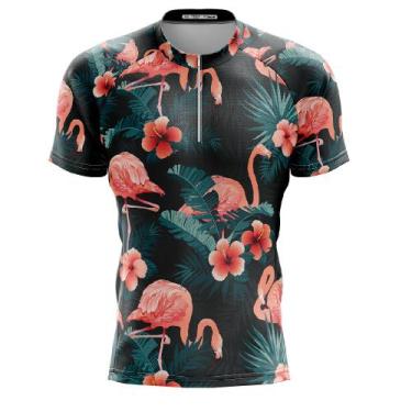 Imagem de Camisa Floral Flamingo Ciclismo Preta Bike Dry Fit Curta Mtb - - Decol