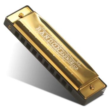 Imagem de Randon Chave de gaita dourada de C, gaita diatônica de 10 furos para adultos/crianças/iniciantes, gaita azul como presente, com estojo, pano limpo e manual do usuário