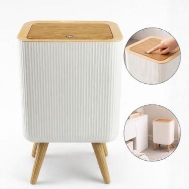 Imagem de Lixeira Quadrada 8L com Tampa de Pressão e Pés Estilo Madeira  Moderna