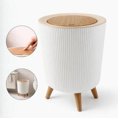 Imagem de Lixeira 8L Redonda com Tampa Abre Fácil e Pés Estilo Madeira  Moderna,