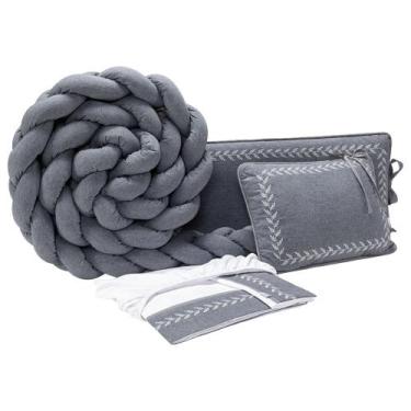 Imagem de Kit Berço Bebê Trança Linho 6 Pçs Protetor Batistela Baby, Jeans