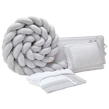 Imagem de Kit Berço Bebê Trança Linho 6 Pçs Protetor Batistela Baby, Cinza
