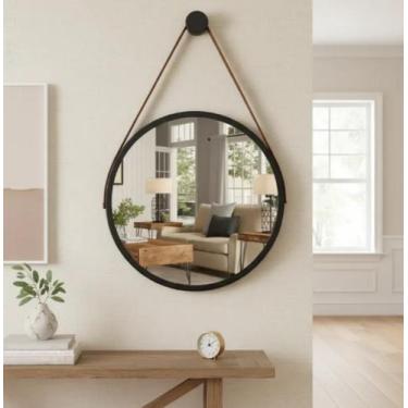 Imagem de Kit 2 Espelhos Redondo Decorativo Suspenso Alça 30cm + suporte Preto A