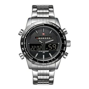 Imagem de Relógio masculino digital e analógico naviforce 9024 prata inox casual multifunção