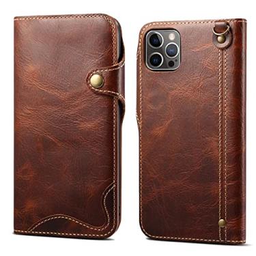 Imagem de GSYH Capa carteira para iPhone 13 Pro Max/13 Pro/13/13 Mini, capa magnética flip de couro genuíno TPU Shell Kickstand Slots para cartão Capa protetora Folio Capa proteção para câmera, Marrom, 13pro 15,1 cm