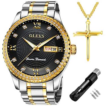 Imagem de OLEVS Relógios masculinos com diamante para negócios, à prova d'água, luminoso, mostrador grande, dourado, luxuoso, casual, quartzo, analógico, com calendário de dia e data e pulseira de aço