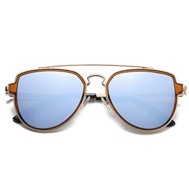 Imagem de SOJOS Óculos de sol retrô polarizados com ponte dupla para homens e mulheres, lentes espelhadas SJ1051, A10 dourado/azul empoeirado espelhado, Middle