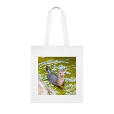 Imagem de Sacola de lontra com gola manchada, presente divertido, bolsa de ombro, bolsas reutilizáveis, cesta de Natal de aniversário ideia de presente, Branco