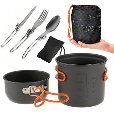 Imagem de Kit Panelas Alumínio Táticas Compactas Camping trekking Pesca 2 Pçs + Talheres 3 Pçs