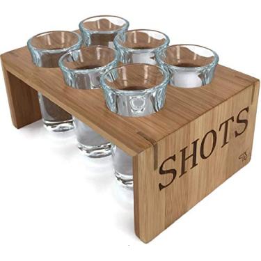 Imagem de Conjunto de copo de shot (6 copos) de bambu, suporte de vidro – 28 g de óculos – suporte de vidro e shot – aparência profissional – bartenders profissionais ou amadores – (transparente)