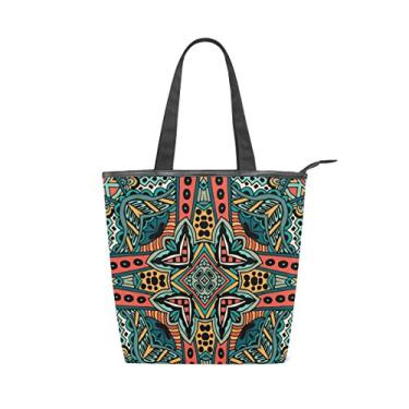 Imagem de Bolsa feminina de lona durável colorida abstrata étnica trabalho artístico grande capacidade sacola de compras bolsa de ombro