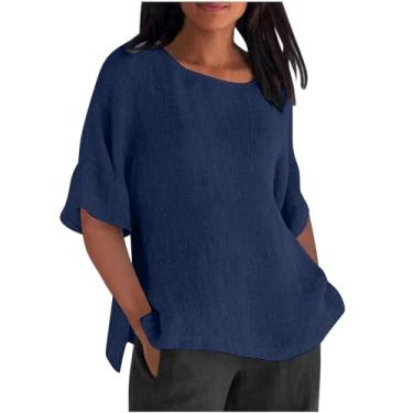 Imagem de Lainuyoah Blusas soltas da moda para mulheres 2024 blusa moderna estampada meia manga casual de linho pulôver camisetas modernas divididas, Azul-marinho, XXG