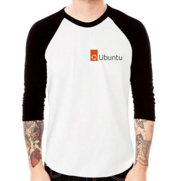 Imagem de Camiseta Raglan Ubuntu Linux Manga 3/4 - Foca na Moda, Branco, Preto, 