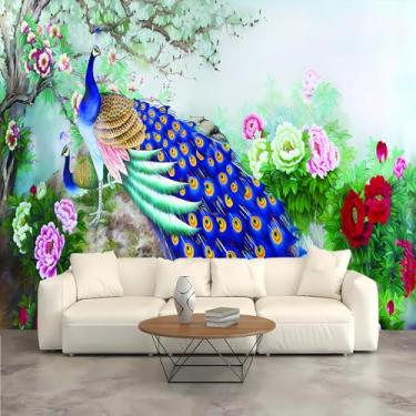 Imagem de Lcythiazole Mural de papel de parede de pavão de tamanho personalizado - mural de papel de parede de pavão retrô, papel de parede autoadesivo removível para banheiro, quarto, sala de estar