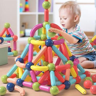 Imagem de Brinquedo de Encaixar Bloco Magnético Infantil Blocos de Montar 68 Peç