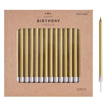 Imagem de PHD CAKE Velas de aniversário metálicas longas e finas douradas de 36 unidades, velas de bolo, festas de aniversário, decorações de casamento, velas de festa, decorações de bolo