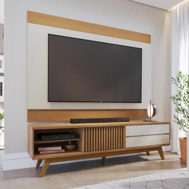 Imagem de Rack Ripado com Painel para TV até 75 Pol 200x195cm Colibri Cor: Freijó/Off White