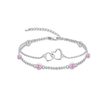 Imagem de Dorunmo Pulseira de pedra do mês de nascimento de coração para mulheres prata esterlina 925 joias de aniversário presentes para mulheres esposa, Anklet 9"-11", Prata esterlina, Base