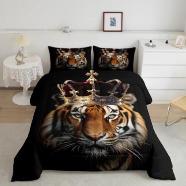 Imagem de Homewish Conjunto de edredom King de tigre selvagem, animais tropicais africanos, 3D, para todas as estações, estampa de coroa dourada, microfibra preta e poliéster
